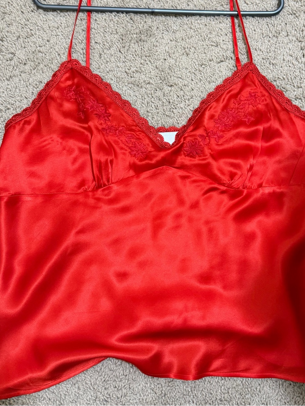 Newport News Red 100% silk Satin Lace-Trim and embroidery Camisole